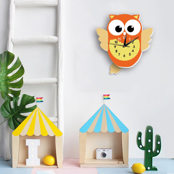 Horloge Murale pour enfants avec Pendule Hibou orange