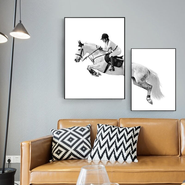 tableau scandinave cheval saut blanc noir et blanc